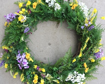 Large Wildflower Wreath for Front Door | Yellow Purple Summer Faux Floral Wreath, Lush Fern Greenery, Cottagecore Porch Decor Gift