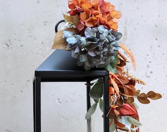 Fall Hydrangea Lantern Swag | Terracotta, Slate Blue Floral Topper, Rustic Autumn Cottagecore Wall Arrangement (LANTERN NOT INCLUDED)