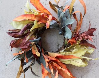 Rustic Autumn Faux Harvest Foliage Mini Wreath for Cabinet Decor and Pillar Candle Ring