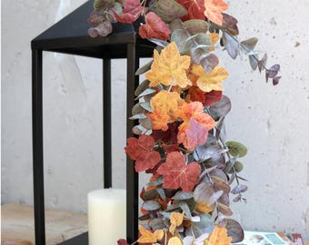 Fall Lantern Swag with Maple Leaves and Eucalyptus, Rustic Primitive Autumn Centerpiece, Modern Farmhouse Seasonal Mantel Decor