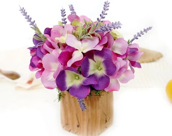 Composition florale d'hortensias | Petit centre de table violet d'été, décor primitif rustique, cadeau pour maman, cadeau de mariage