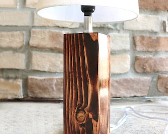 Handcrafted Pine Wood Table Lamp | Rustic Nightstand Light, Farmhouse Bedside Accent Lamp