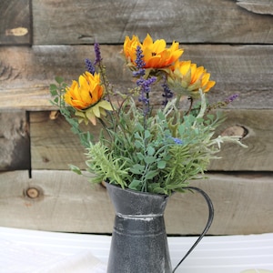 Sunflower Primitive Arrangement | Artificial Summer Dinning Table Centerpiece Decor Lavender Greenery Galvanized Pitcher Gift for Home