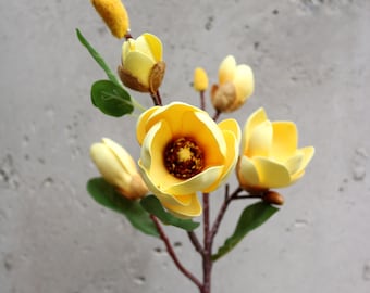 Magnolia | Artificial Yellow Magnolia Long Stem, Blossoms Floral Decor. Realistic Wedding Flowers, Baby Shower