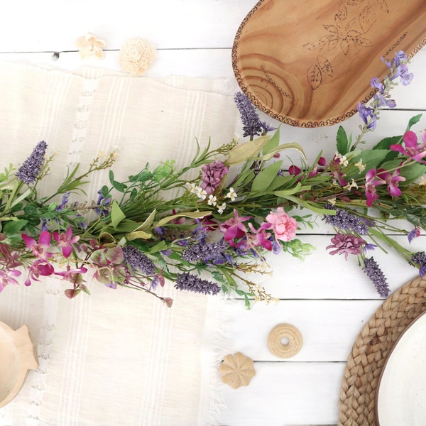 Wildflower Garland | Handmade Artificial Meadow Flowers Garland Summer Mantle Fireplace Decor Lavender Wedding Ceremony Table Centerpiece