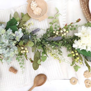 Summer Garland for Mantel | Hydrangea Flower Garland Table Centerpiece Year Round Greenery Decor for Mantle Fireplace Birthday Party Gift
