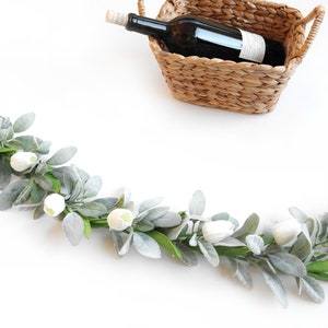 Spring Mantle Garland: Year Round Flower Garland Fireplace Mantel Decor White Tulips Lambs Ear Handmade Farmhouse Table Runner Valentines