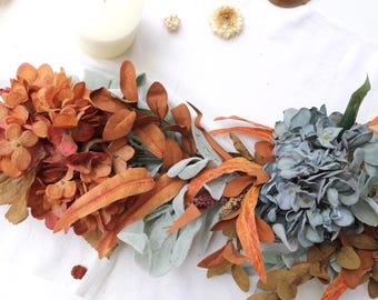 Fall Hydrangea Garland | Handmade Artificial Blue and Rust Autumn Mantel Decor, Thanksgiving Table Runner Centerpiece, Modern Farmhouse