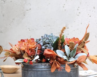 Fall Centerpiece in Galvanized Metal Planter | Slate Blue and Terracotta Hydrangea Arrangement, Modern Cottage Autumn Gift