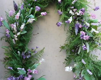 Summer Wildflower Garland | Handmade Artificial Wedding Arch Flowers, Lavender and White Floral Swag, Mantle Greenery, Cottagecore Decor