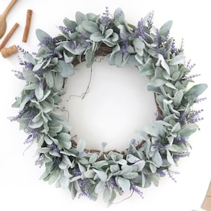 Lambs Ear Lavender Wreath Farmhouse | Handmade Wreath Natural Grapevine Housewarming Gift Year Round Summer Boho Decoration Wedding Decor