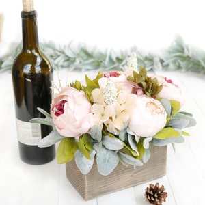 Pink Blush Peony Lamb&#39;s Ear Rustic Flower Arrangement| Handmade Wooden Gray Planter Table Farmhouse Fireplace Mantel Summer Party Decoration