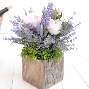 Roses Lavender Country Rustic Arrangement Handmade Wooden Planter Table Decor Faux Flowers Kitchen Self Gift Bouquet Backyard Wedding image 2