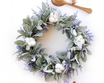 Handcrafted Modern Farmhouse Lambs Ear and Lavender Grapevine Wreath with Cotton Bolls