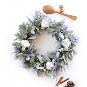 Lambs Ear Wreath Farmhouse | Handmade Wreath Grapevine Lamb Ear Lavender Natural Cotton Bolls Housewarming Gift Year Around Winter Spring