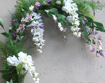 White Wisteria Garland | Artificial Purple Floral Vine Decoration, Romantic Wedding Arch Swag, Sweetheart Table, Boho Woodland Mantle Decor
