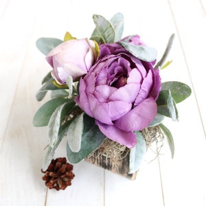 Peony Lamb&#39;s Ear Rustic Flower Arrangement | Handmade Wooden Planter Purple Peony Decor Country Outdoor Table Decor Party Flower Favor Gift