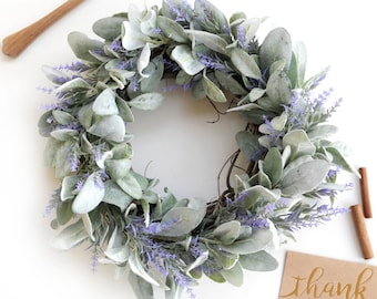 Lamb's Ear Lavender Wreath Farmhouse | Handmade Spring Summer Wreath Natural Grapevine Housewarming Gift Year Around Boho Door Decoration