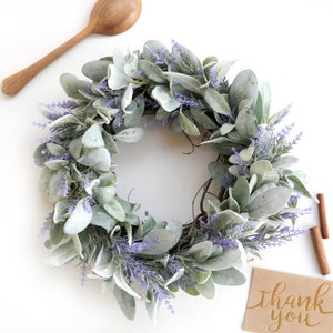 Lamb's Ear Lavender Wreath Farmhouse | Handmade Spring Summer Wreath Natural Grapevine Housewarming Gift Year Around Boho Door Decoration