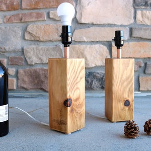 Set of 2 Solid Wood Table Lamps | Handcrafted Reclaimed Timber & Copper Desk Lamp, Wabi Sabi Home Decor Gift