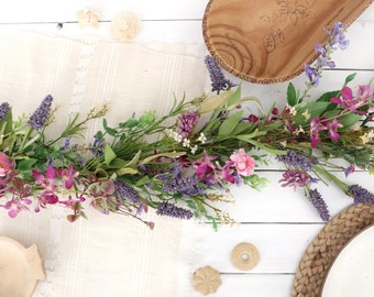 Wildflower Garland | Handmade Artificial Meadow Flowers Garland Summer Mantle Fireplace Decor Lavender Wedding Ceremony Table Centerpiece