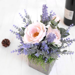 Roses Lavender Country Rustic Arrangement Handmade Wooden Planter Table Decor Faux Flowers Kitchen Self Gift Bouquet Backyard Wedding image 1