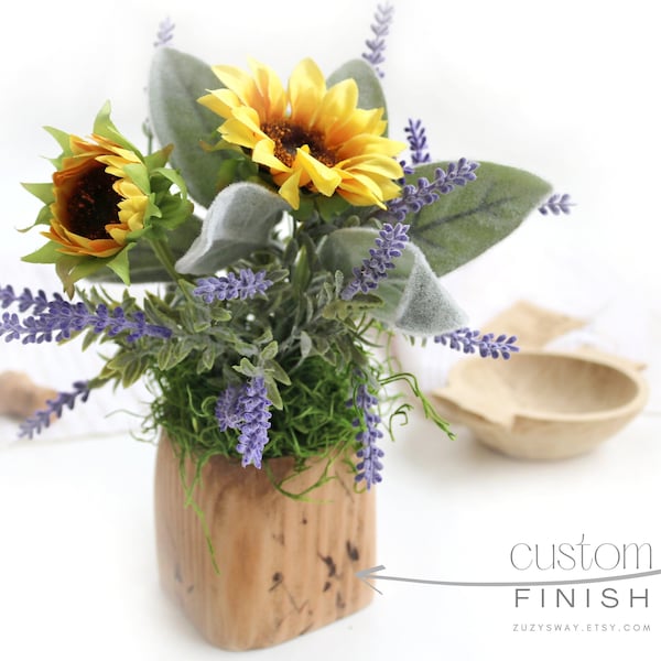 Sunflower Lavender Arrangement | Small Table Summer Centerpiece Artificial Flower Bouquet in Handcrafted Wooden Holder Primitive Home Decor