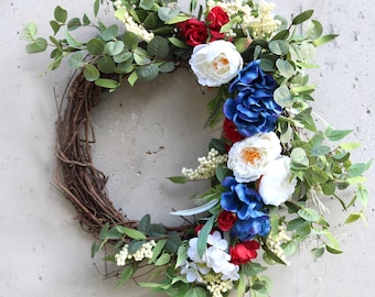 Patriotic Wreath | 4th of July Red White and Blue Floral Grapevine Wreath, Summer Front Door