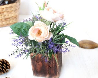 Rustic Floral Arrangement | Summer Table Centerpiece Roses Lavender Faux Flowers Bouquet in Handcrafted Wooden Planter Primitive Decor Gift