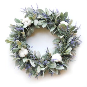 Lamb's Ear Wreath Farmhouse | Handmade Grapevine Wreath Lavender Natural Cotton Balls Housewarming Gift Year Around Spring Summer Wedding