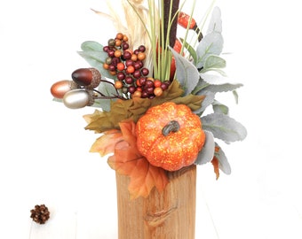 Fall Arrangement Rustic | Handmade Autumn Fake Flowers Pumpkin Cotton Bolls Wood Vase Table Decor Farmhouse Country Kitchen Gift Bouquet