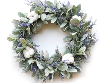 Handmade Lambs Ear Wreath, Housewarming Gift, Farmhouse Grapevine Lavender Cotton Decor