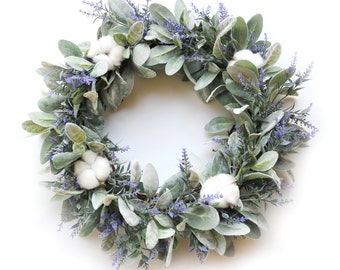 Lamb's Ear Wreath Farmhouse | Handmade Grapevine Wreath Lavender Natural Cotton Balls Housewarming Gift Year Around Spring Summer Wedding