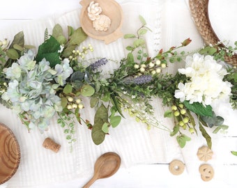 Spring Garland for Mantel | Summer Hydrangea Flower Garland Table Centerpiece Year Round Greenery Decor for Mantle Fireplace Birthday Gift