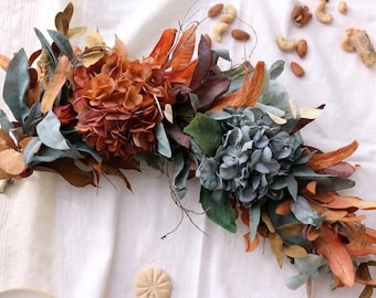 Handcrafted Fall Garland | Dusty Slate Blue & Terracotta Rustic Copper Autumn Arch Floral, Head Table Decor, Mountaintop Elopement