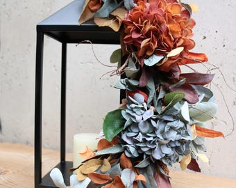 Fall Floral Swag | Rust and Slate Blue Autumn Hydrangea Floral Lantern Topper (LANTERN NOT INCLUDED), Fireplace Mantel Decor