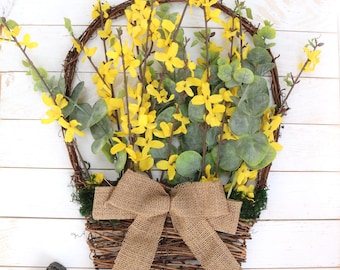 Spring Basket Wreath: Handcrafted Primitive Flat Thin Forsythia Basket Wreath, Rustic Eucalyptus Wall Decor Hanging, Gift for Home