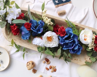 4th of July Dough Bowl Filler | Patriotic Faux Floral Centerpiece, Red White and Blue Farmhouse Table Decor (BOWL NOT INCLUDED)