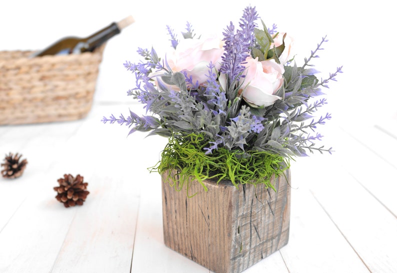 Roses Lavender Country Rustic Arrangement Handmade Wooden Planter Table Decor Faux Flowers Kitchen Self Gift Bouquet Backyard Wedding image 2