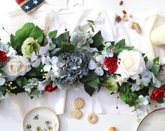 Red White and Blue Floral Mantle Garland | Handcrafted Patriotic Summer Centerpiece, Modern Farmhouse