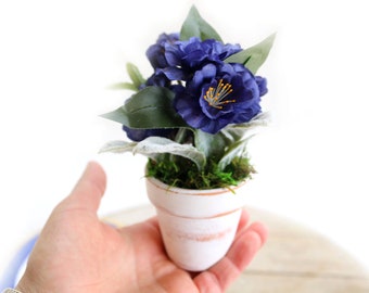Tiered Tray Decor | Navy Blue Flowers in Terracotta Mini Pot, Shabby Chic Faux Floral Arrangement Gift