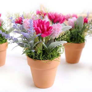 Tiered Tray Pink Decor | Artificial Pink Flowers in Small Clay Pot Country Farmhouse Kitchen Shelf Desk Decoration Bathroom Desk Party Gift