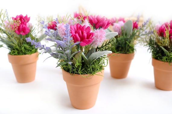 Tiered Tray Pink Decor | Artificial Pink Flowers in Small Clay Pot Country Farmhouse Kitchen Shelf Desk Decoration Bathroom Desk Party Gift