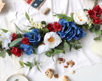 Patriotic Red White and Blue Floral Garland | Handcrafted Americana Summer Mantel Decor, Table Flower Runner
