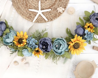 Summer Garland: Handmade Artificial Flower Garland for Mantle, Cottage Table Centerpiece, Sunflower Peony Blue, Yellow Party Decor