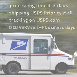 May include: A white USPS mail truck with the USPS logo on the side. The truck is driving down a road with a blurred background. The text on the image reads: "processing time 4-5 days, shipping USPS Priority Mail, tracking on USPS.com, DELIVERY in 2-4 business days".
