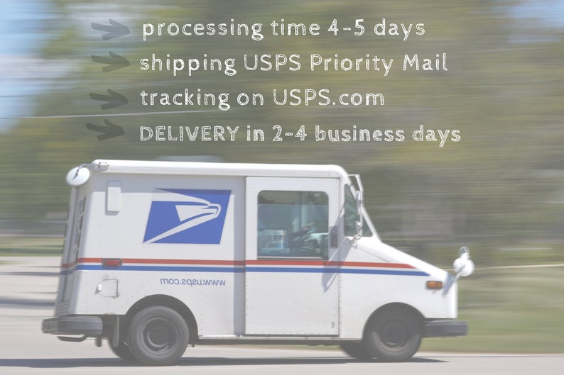 May include: A white USPS mail truck with the USPS logo on the side. The truck is driving down a road with a blurred background. The text on the image reads: "processing time 4-5 days, shipping USPS Priority Mail, tracking on USPS.com, DELIVERY in 2-4 business days".