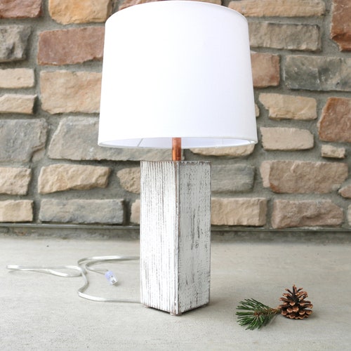 Rustic Wood Table Lamp | Reclaimed Wood Handcrafted Side Table Lamp Whitewashed Farmhouse Rustic Cottage Beach Decor House Gift for Him
