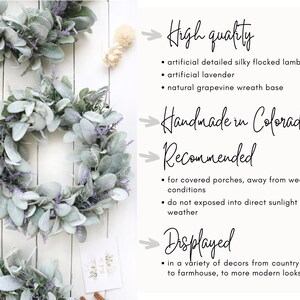 May include: A close-up of several artificial wreaths with lamb's ear leaves and lavender accents. The wreaths are displayed on a white wooden surface. The text in the image says "High quality", "Handmade in Colorado", "Recommended", and "Displayed".