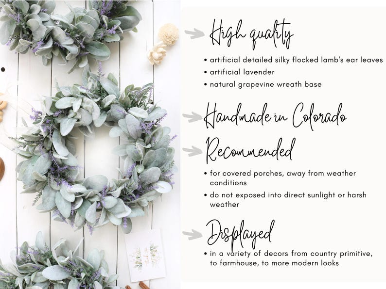 May include: A close-up of several artificial wreaths with lamb's ear leaves and lavender accents. The wreaths are displayed on a white wooden surface. The text in the image says "High quality", "Handmade in Colorado", "Recommended", and "Displayed".
